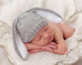 conejito gris recién nacido y gorro de bebé para niña o niño, accesorio fotográfico para recién nacidos, gorro de punto de conejo de Pascua, regalo para nuevo bebé, regalo de baby shower, gorro de punto