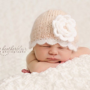 newborn beanie with a large flower, newborn girl beanie, newborn knit hat, newborn photo prop, baby coming home outfit, baby hospital hat image 2