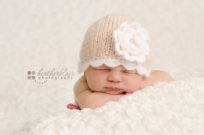 newborn beanie with a large flower, newborn girl beanie, newborn knit hat, newborn photo prop, baby coming home outfit, baby hospital hat image 2