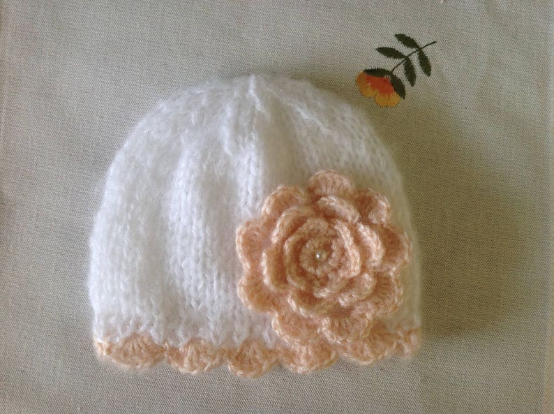 newborn beanie with a large flower, newborn girl beanie, newborn knit hat, newborn photo prop, baby coming home outfit, baby hospital hat image 1