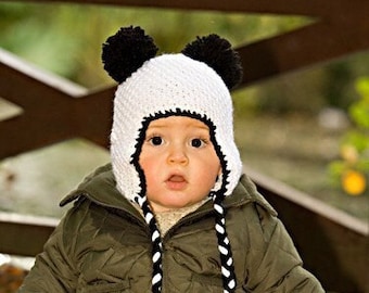 Newborn photo prop, Panda bear newborn hat, newborn girl boy, newborn knit hat, hand knit baby hat, animal baby hat, baby coming home outfit