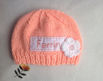 peach newborn hat, personalized newborn hat, newborn girl, monogram baby hat, newborn photo props, name beanie, baby coming home outfit