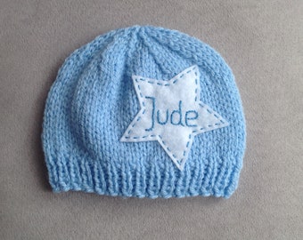 Newborn personalized hat, newborn photo prop, blue newborn hat with star, baby boy, monogram baby hat, name beanie, baby coming home outfit