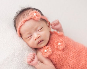 newborn photo prop, baby coral set of romper and headband, newborn mohair romper with flowers, newborn girl, newborn knits, baby shower gift