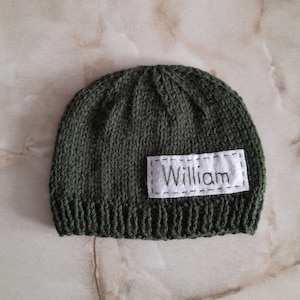 green knit personalized newborn hat for boy, baby knit hat, newborn name hat, personalized newborn gift,  monogram baby beanie, newborn hat