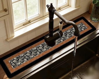 Retro Floral Kitchen Faucet Mat,Sink Splash Guard,Faucet Absorbent Mat,Faucet Drip Catcher,Housewarming Gift