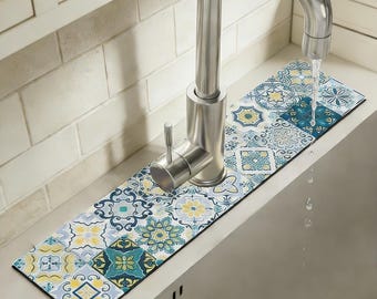Bohemian Kitchen Faucet Mat,Faucet Absorbent Mat,Sink Splash Guard,Faucet Drip Catcher,Home Decor