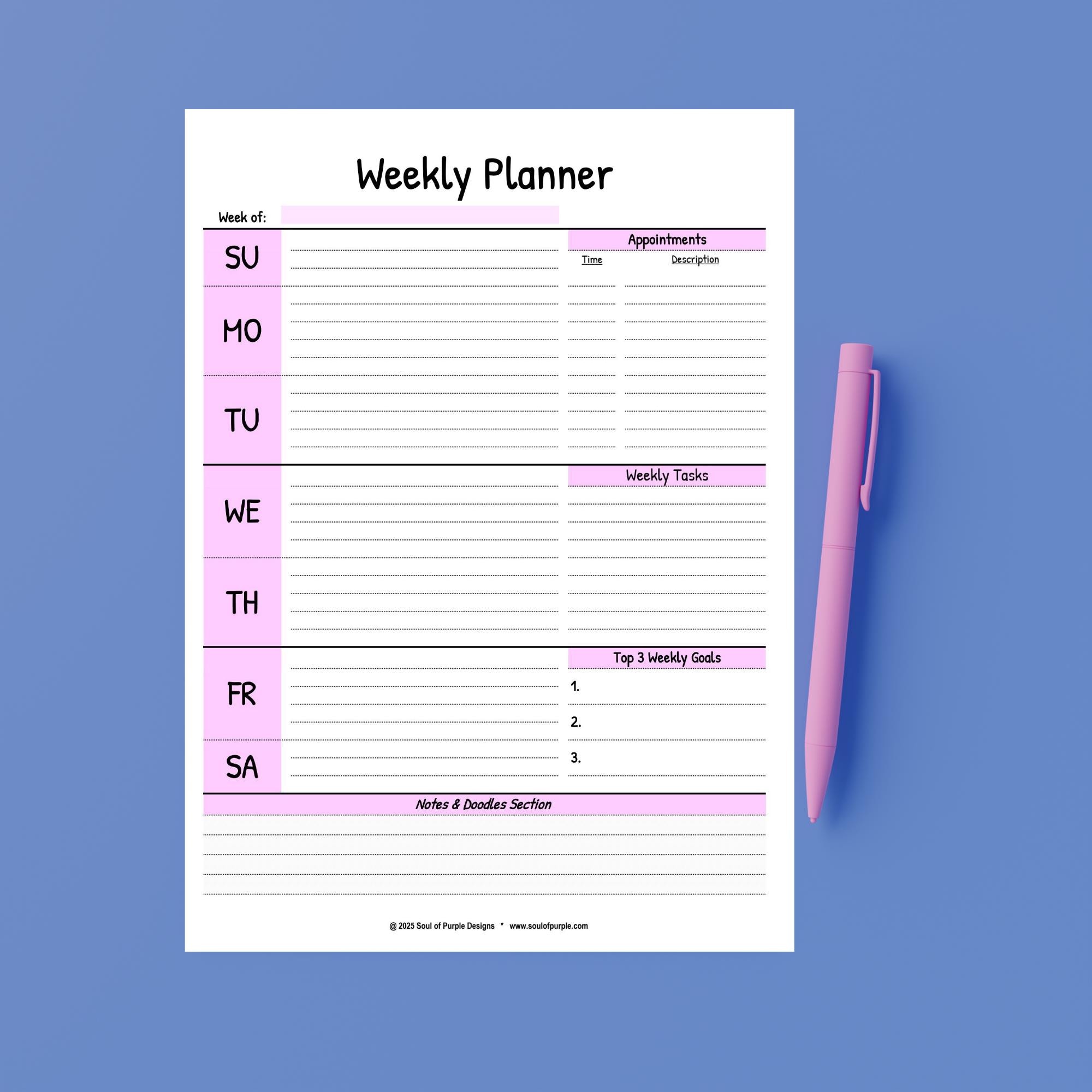 Pink Weekly Planner Printable: Undated Goals, Tasks, Notes (3 Sizes ...