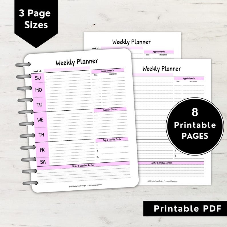 Pink Weekly Planner Printable: Undated Goals, Tasks, Notes (3 Sizes ...