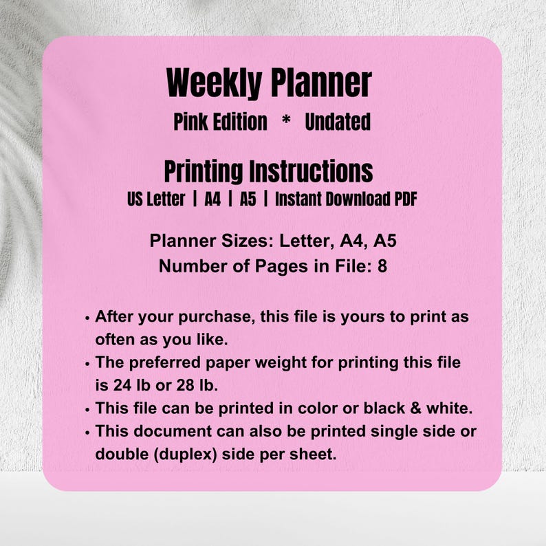Pink Weekly Planner Printable: Undated Goals, Tasks, Notes (3 Sizes ...