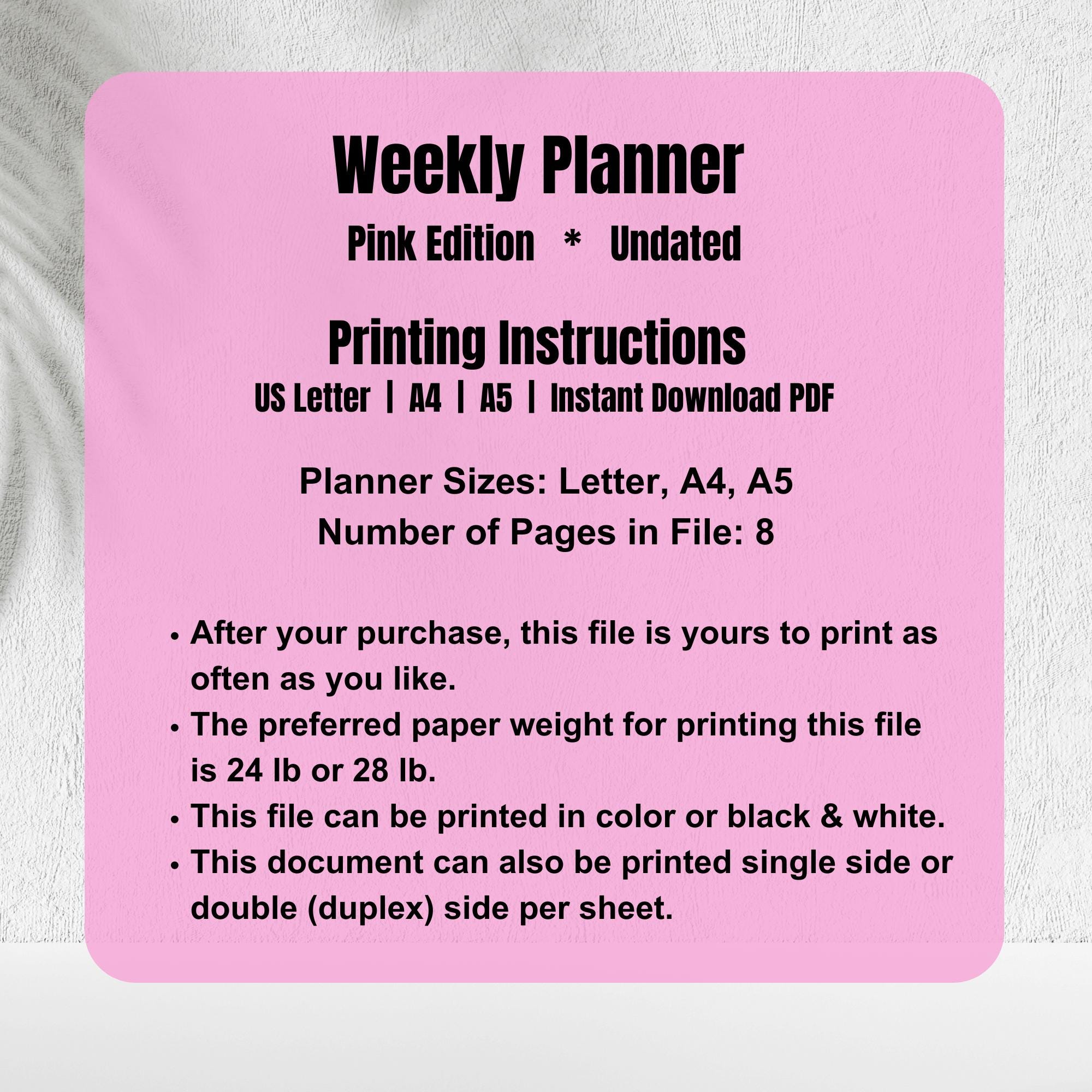 Pink Weekly Planner Printable: Undated Goals, Tasks, Notes (3 Sizes ...