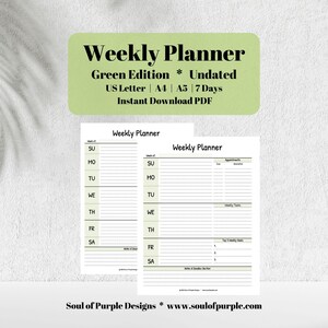 Może przedstawiać: Zielony i biały tygodniowy planer z napisem "Weekly Planner" i "Green Edition * Undated". Zawiera sekcje na każdy dzień tygodnia, terminy i zadania. Dostępny w rozmiarach US Letter, A4 i A5. Natychmiastowe pobieranie PDF.