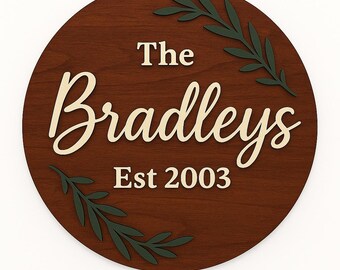 Personalized Family Name Sign, Mahogany Finish with Evergreen