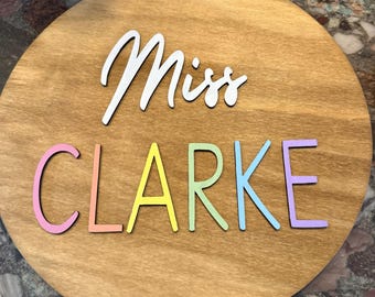 Personalized Teacher Name Sign: Colorful Wooden Classroom Decor