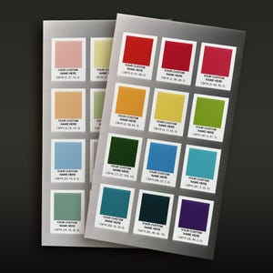 May include: Two translucent sheets featuring a grid of twelve square colour swatches each. Every swatch displays a unique solid colour, the text YOUR CUSTOM NAME HERE, and specific CMYK numerical values printed in black ink below the colour block.