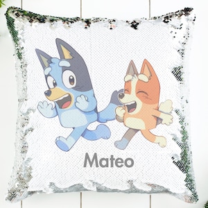 Bluey Fan Art Reversible Sequin Pillow Cover Case, Personalized Name, Hidden Message, Bluey Fun birthday, Kid&#39;s Room Decor