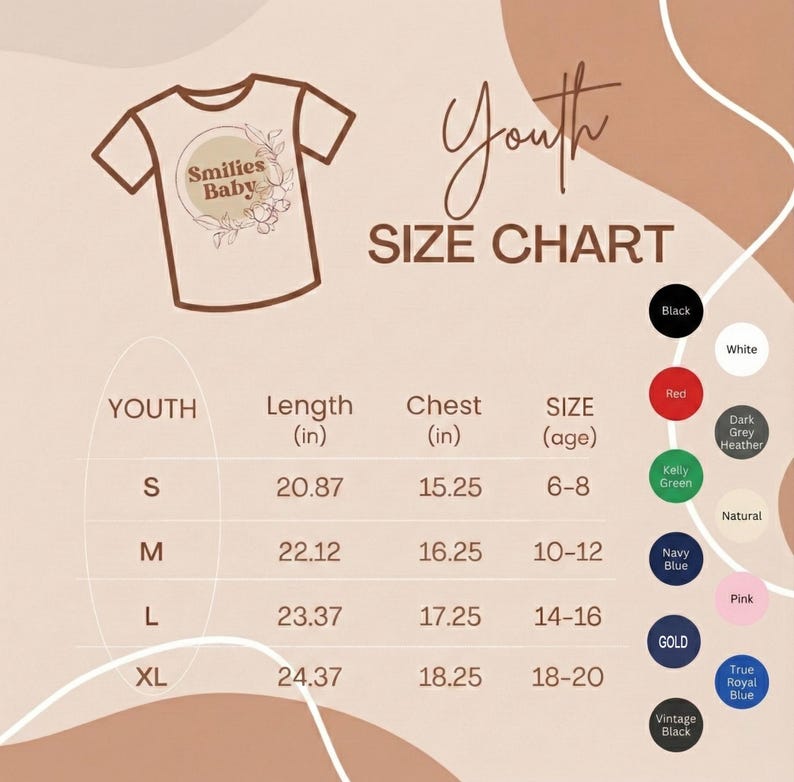 Puede incluir: Tabla de tallas de camisetas juveniles. La tabla incluye medidas en pulgadas para largo y pecho, junto con los rangos de edad correspondientes. Se enumeran las opciones de color, incluyendo negro, blanco, rojo y azul marino. El dise&ntilde;o de la camiseta dice "Smilies Baby".