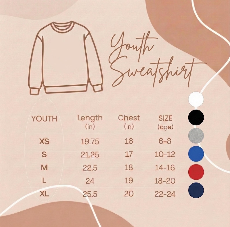 Puede incluir: Ilustraci&oacute;n de una sudadera juvenil con una tabla de tallas. La tabla enumera las tallas XS a XL, con medidas en pulgadas para largo y pecho, y los rangos de edad correspondientes. El texto "Youth Sweatshirt" est&aacute; escrito en cursiva.
