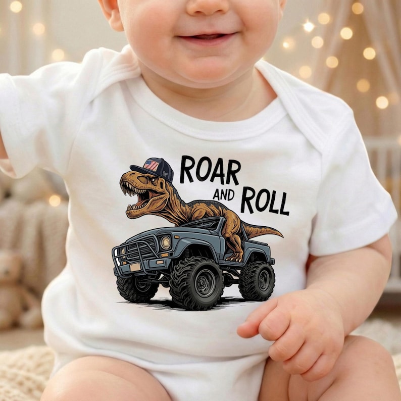 Camiseta de camión monstruo de dinosaurios para niños pequeños, camiseta infantil de camión de dinosaurios T-Rex "Roar and Roll", atuendo genial para regalo de cumpleaños, camiseta juvenil de Monster Jam imagen 2