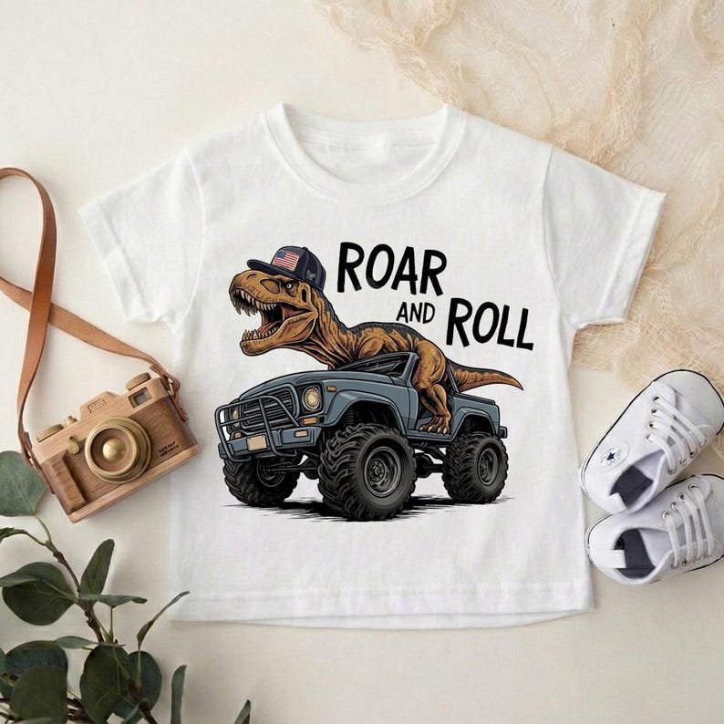 Puede incluir: Camiseta blanca de manga corta con un dinosaurio de dibujos animados que lleva una gorra y conduce un cami&oacute;n monstruo azul. El texto "ROAR and ROLL" est&aacute; impreso encima del cami&oacute;n. Tambi&eacute;n se ven unas zapatillas blancas y una c&aacute;mara de juguete.