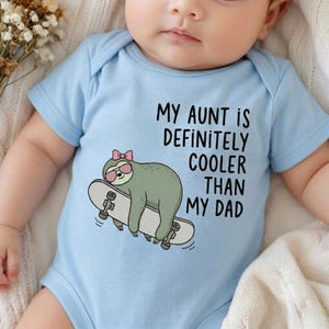 My Aunt Is Definitely Cooler Than My Dad Baby Bodysuit, Skater Dinosaur Onesie, Funny Auntie Gift for Nephew, Cute Boho Toddler Boy Shirt