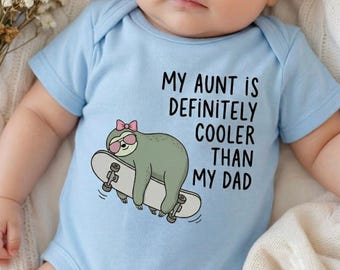My Aunt Is Definitely Cooler Than My Dad Baby Bodysuit, Skater Dinosaur Onesie, Funny Auntie Gift for Nephew, Cute Boho Toddler Boy Shirt