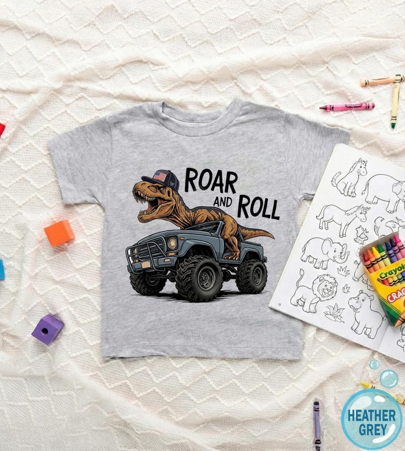 Camiseta de camión monstruo de dinosaurios para niños pequeños, camiseta infantil de camión de dinosaurios T-Rex "Roar and Roll", atuendo genial para regalo de cumpleaños, camiseta juvenil de Monster Jam imagen 6