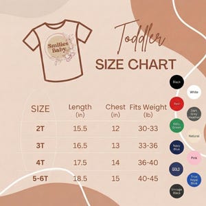 Puede incluir: Tabla de tallas para camisetas de ni&ntilde;o peque&ntilde;o. La tabla incluye medidas de largo, pecho y peso, junto con opciones de color. El gr&aacute;fico de la camiseta presenta el texto "Smilies Baby" y detalles florales.