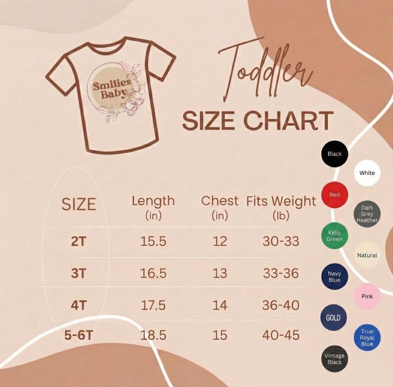 Puede incluir: Tabla de tallas para camisetas de ni&ntilde;o peque&ntilde;o. La tabla incluye medidas de largo, pecho y peso, junto con opciones de color. El gr&aacute;fico de la camiseta presenta el texto "Smilies Baby" y detalles florales.