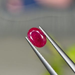 May include: An oval-cut ruby gemstone, held by silver tweezers. The ruby exhibits a deep red colour with internal facets reflecting light. The gemstone is the focal point, set against a blurred background.