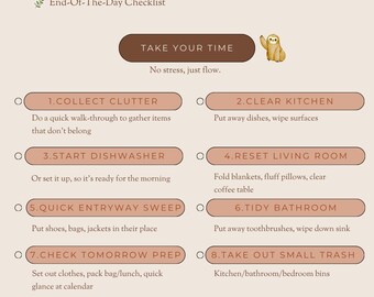 以下が含まれることがあります： 「Evening Wind-Down Tidy」と題されたベージュと茶色のチェックリスト。散らかったものを片付ける、キッチンをきれいにする、ゴミを出すなど、10個のタスクがあります。チェックリストには、ナマケモノのイラストとマグカップのグラフィックが含まれています。