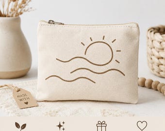 Sun & Waves Canvas Pouch | Minimalist Coastal Zipper Bag | Beach Inspired Cosmetic Bag | Boho Gift
