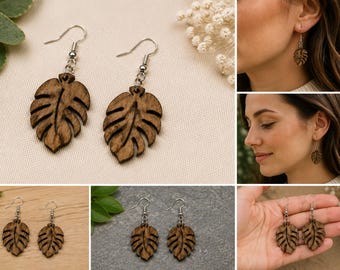 Handmade Wooden Monstera Leaf Earrings | Laser Cut Tropical Dangle Earrings | Lightweight Botanical Jewelry | Nature Lover Gift