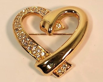 Swarovski Swan Gold-tone & Crystal Heart Brooch Signed Vintage 1980s Romance Gift Designer