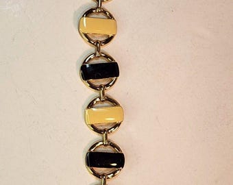 Lovely Monet Vintage Gold Tone Black & Cream Enamel Striped Bracelet Read