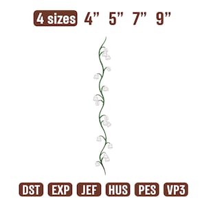 Könnte beinhalten: Ein vertikales Design mit einem grünen Stiel und weißen glockenförmigen Blüten. Das Bild enthält Text, der vier Größen angibt: 10 cm, 13 cm, 18 cm und 23 cm. Zusätzlicher Text unten zeigt Dateiformate: DST, EXP, JEF, HUS, PES und VP3.