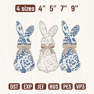 花柄の青いシノワズリのウサギの刺繍デザイン、トワル・ド・ジュイのウサギ、かわいいイースターのコケットリボン、刺繍のイースター、刺繍のイースターバニー