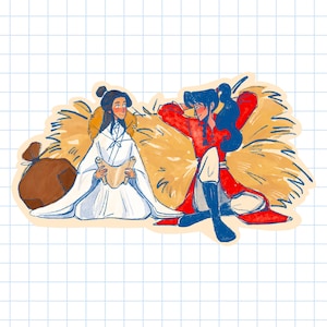 May include: A sticker illustration featuring two figures sitting in front of a large pile of golden hay. One figure wears a white robe and holds a scroll, while the other wears a red tunic with dark blue hair and rests with hands behind head.