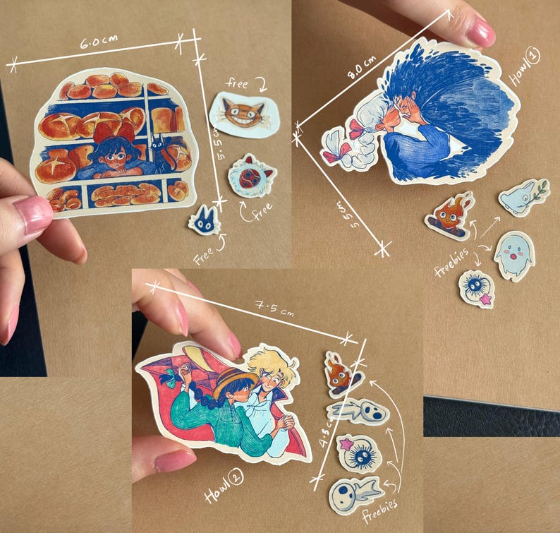 Puede incluir: Un conjunto de pegatinas de estilo anime. La m&aacute;s grande, de 6,0 cm, representa una escena de panader&iacute;a. Otras pegatinas presentan personajes y el texto "Freebies".