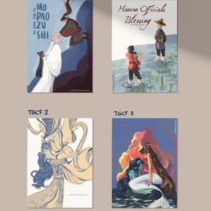 Pode incluir: Uma coleção de quatro impressões artísticas, cada uma com 7x5 polegadas. As impressões apresentam ilustrações com personagens em várias poses. A impressão superior esquerda tem o texto "MO DAO ZU SHI". A impressão superior direita tem o texto "Heaven Officials Blessing".