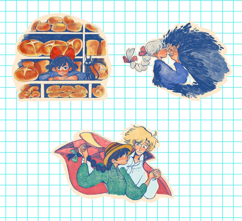 Puede incluir: Tres pegatinas coloridas con ilustraciones de estilo anime. Una muestra a una ni&ntilde;a con un lazo rojo en una panader&iacute;a con un gato negro. Otra representa a una pareja abraz&aacute;ndose. La &uacute;ltima muestra a una pareja bailando con una manta roja.