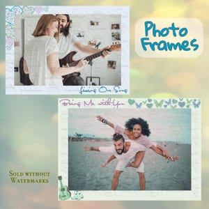 May include: Two photo frames with images of people. One frame shows a couple with a guitar, the other shows a couple at the beach. The frames have decorative borders with hearts and butterflies. Text on the frames reads "Never Living Our Song" and "Bring Me with You".