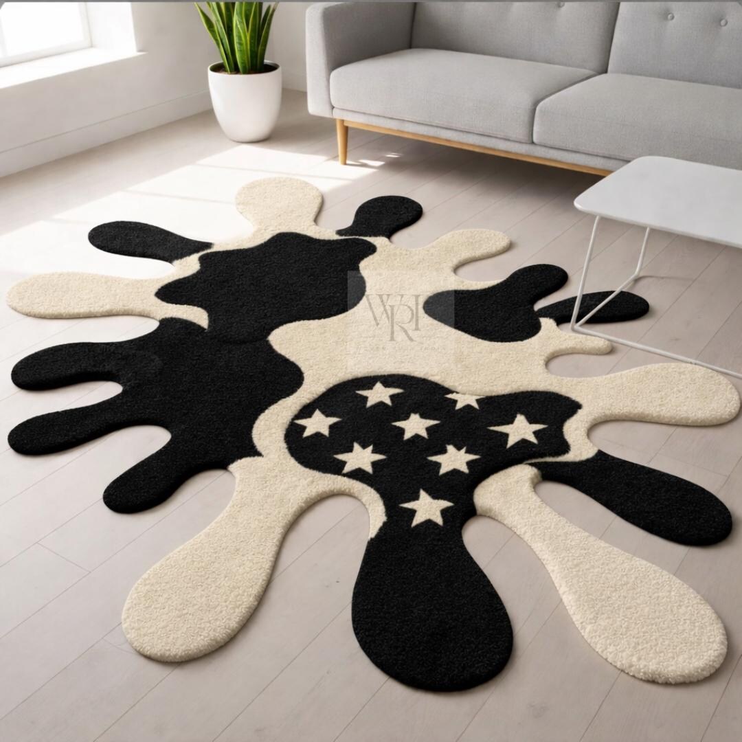 Abstract Puzzle Rug | Black, Beige, and Star Wool Carpet - Etsy