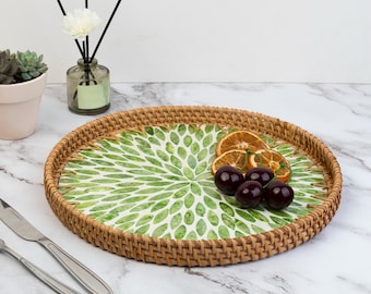Handwoven Rattan Tray – Green Daisy Shell Inlay, Boho Decor