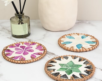 Handmade Rattan Coaster - Green Star Mosaic, Rustic Drinkware