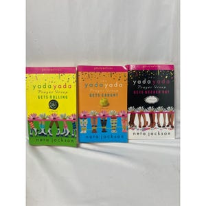 May include: Three paperback books by Neta Jackson titled The Yada Yada Prayer Group Gets Rolling, Gets Caught, and Gets Decked Out. Each cover features a party edition banner, colorful confetti, and a row of legs wearing various shoes and socks.