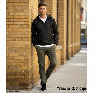 May include: A person wearing a black hooded jacket, white t-shirt, and olive green pants. The person is standing next to a yellow brick wall. The text "Yellow Brick Shoppe" is visible in the bottom right corner.