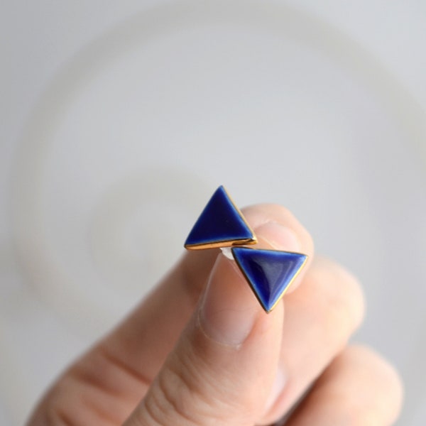 Geometric triangles - ceramic earrings small post studs - choose your color - 24K gold contour triangle jewelry