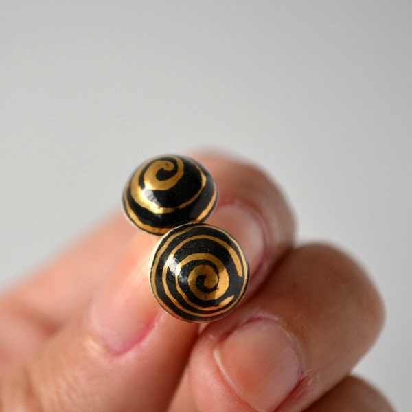 Gold swirls - black ceramic post earrings - round studs - ceramic jewelry - black and gold