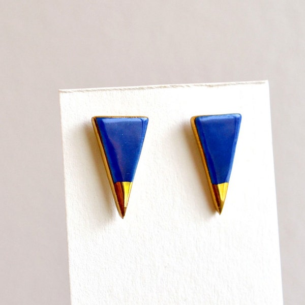 Cobalt blue and gold tip earrings - porcelain jewelry - porcelain stud earrings - Jasmin Blanc jewelry